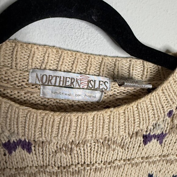 Northern Isles Women's Large Cream Blue Chunky Knit Crewneck Pullover Sweater - Picture 3 of 4